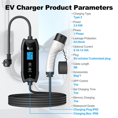feyree Type2 Portable EV Charger 5m Cable with WIFI APP Control 16A 3.5KW Set Charging&DelayTime for EV Cars,Plug customizable