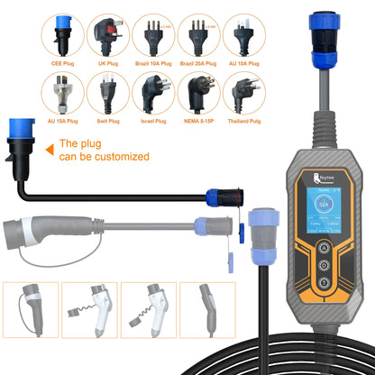 Feyree 7kW Portable EV Charger Replaceable Power Side Plugs Compatible with Multi-Country Charging Standard for Universal Use