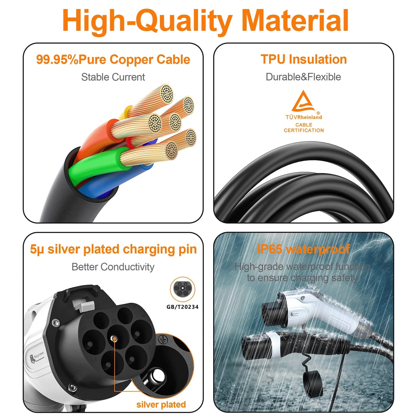 feyree EV Charger GB/T Female Car side to type2 Male Plug 16A 3.5KW 32A 7KW Charging Cable 5m 11KW 22KW 3Phase for Electric Car
