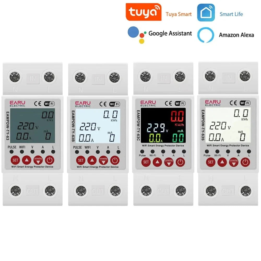 2P 63A 230V Tuya WiFi Smart Energy Meter Power kWh Meter Earth Leakage Over Under Voltage Protector Relay Device Switch Breaker by 54Grid - Renewable Energy Store