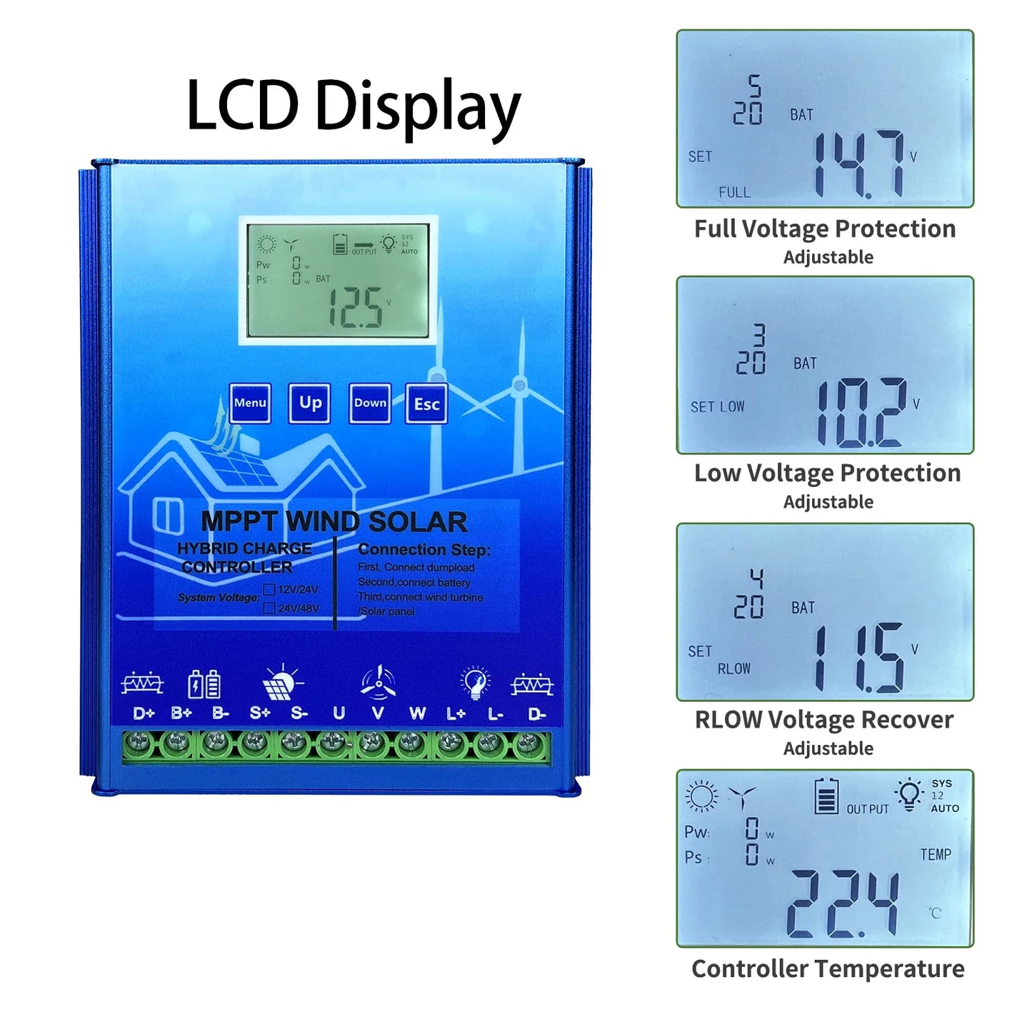 12V 24V 48V 2000W MPPT Hybrid Wind Solar Charge Controller With LCD Display And Bluetooth For Lifepo4 Batteries by 54Grid - Renewable Energy Store