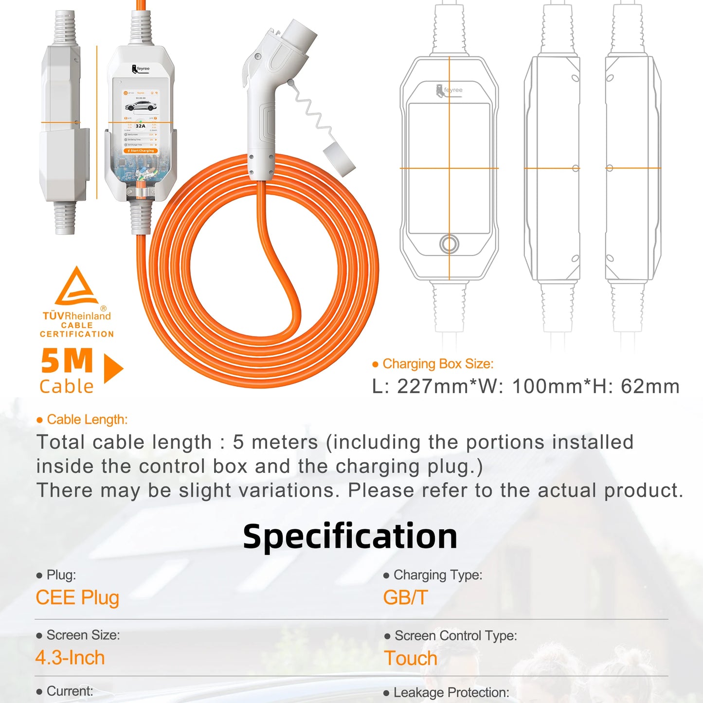 feyree Portable EV Charger 4.3" Touchscreen 7kW 32A GBT Plug, Smart APP WiFi Control, with Charging Log History for Electric Car