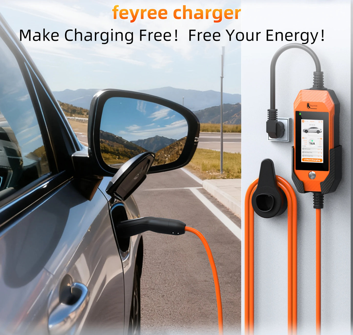 feyree Portable EV Charger For Tesla 3.5kW 16A 1Phase 4.3in Touchscreen With WiFi APP Control with Box Holder For EV Car Charger