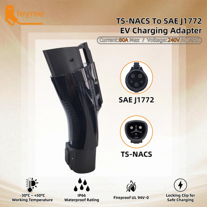 feyree Portable TS- NACS to J1772 Adapter 80A 240V max, Compact Charger Converter for Tesla Model S/3/X/Y,AC EV Charging station