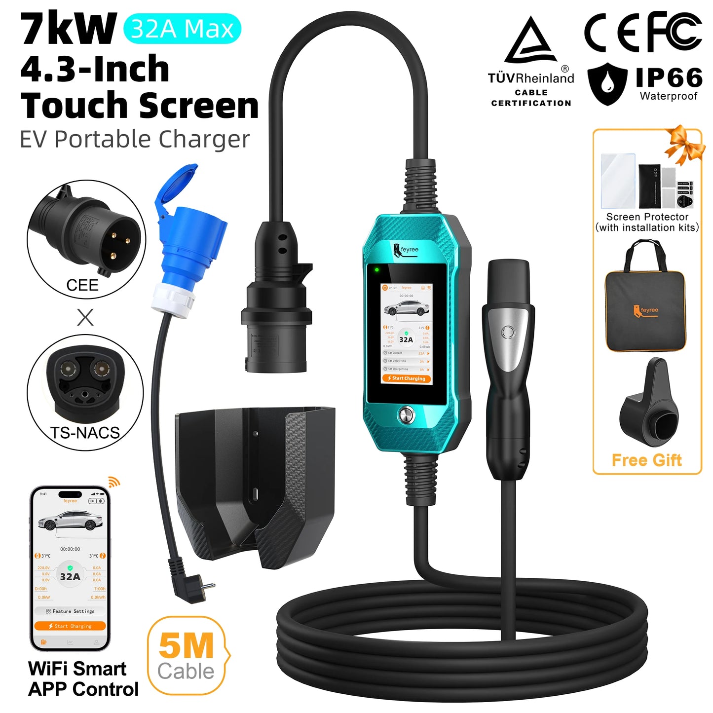 feyree EV Charger 4.3inch Touch Screen Type2 /Type1 /GBT /TS-NACS 32A 7kW 1P Portable Charger Smart APP WiFi Control for EV Cars