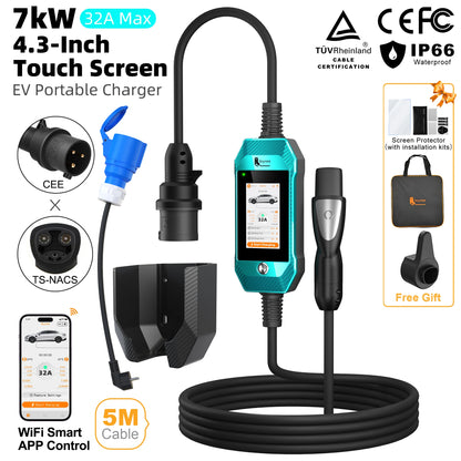 feyree EV Charger 4.3inch Touch Screen Type2 /Type1 /GBT /TS-NACS 32A 7kW 1P Portable Charger Smart APP WiFi Control for EV Cars
