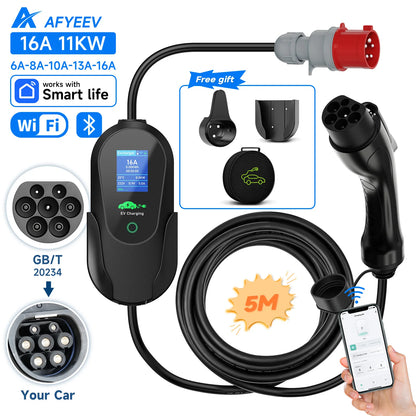 AFYEEV Type2 Portable EV Charger 11KW 16A 3 Phase GBT Electric Car Charger Wi-Fi APP Bluetooth Version Remote Control CEE Plug