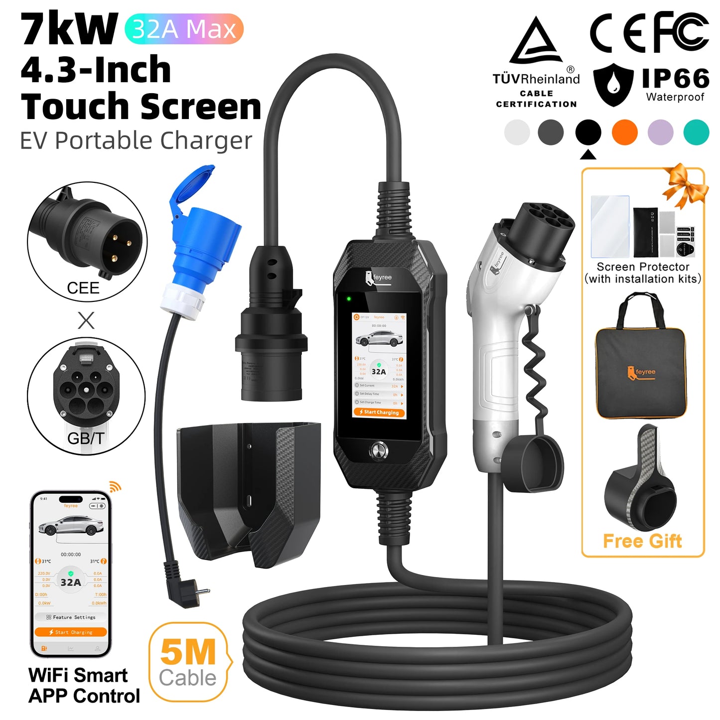 feyree GB/T EV Charger 7kW 32A 1P Touch Screen 4.3inch Smart WIFI APP Control EVSE Portable Charging Box forElectric Car Charger
