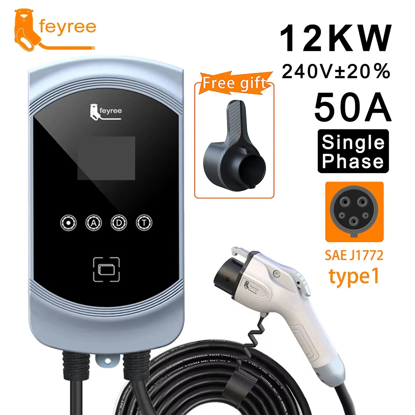 feyree EVSE Wallbox 50A 12KW 1Phase EV Charger Type1 Cable J1772 Socket Wallmounted Charging Station for Electric Vehicle Car by 54Grid - Renewable Energy Store