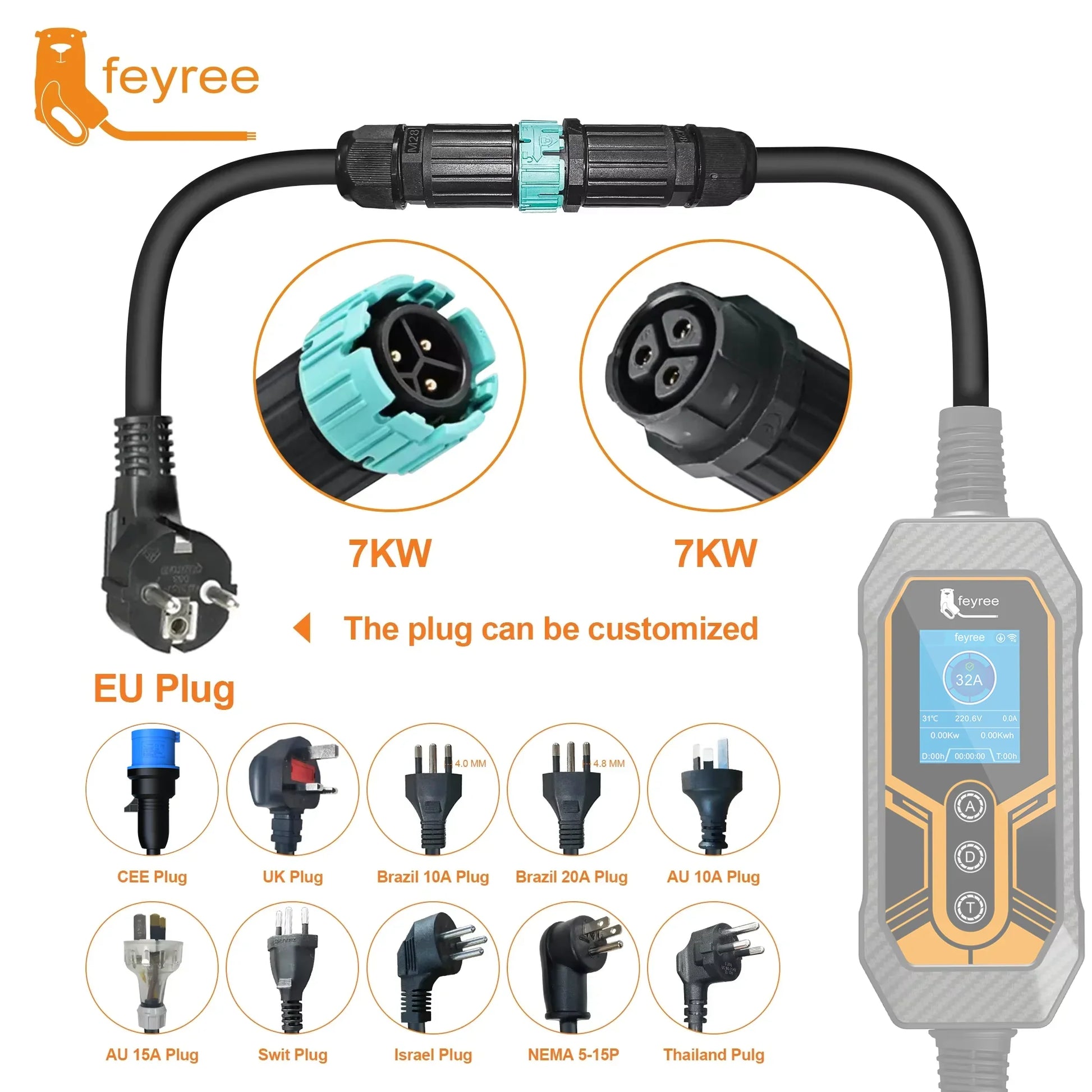 feyree 7kw Electric Vehicle Charging Adapter To EU AU Brazil Male Adapter EV Charger Connector Customized plug for Electric Car by 54Grid - Renewable Energy Store