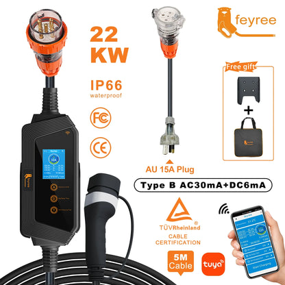feyree 22KW 32A 3Phase Type2 EV Charger Wi-Fi APP Control EVSE Portable Charging Box with AU 5pin Plug for Electric Car Charger