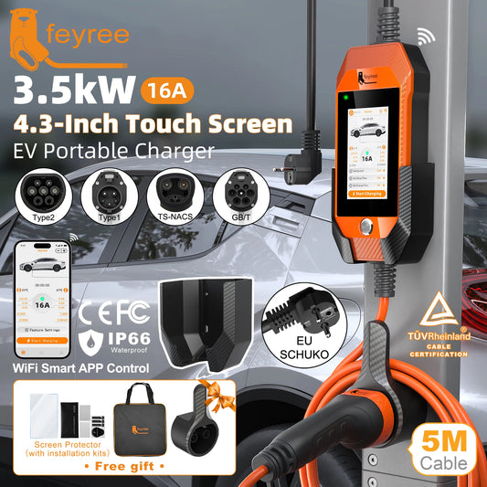 feyree 4.3inch Touch Screen Portable EV Charger Type2 / Type1 / GBT / TS-NACS EV Charger 16A 3.5kW 1Phase Smart APP WiFi Control