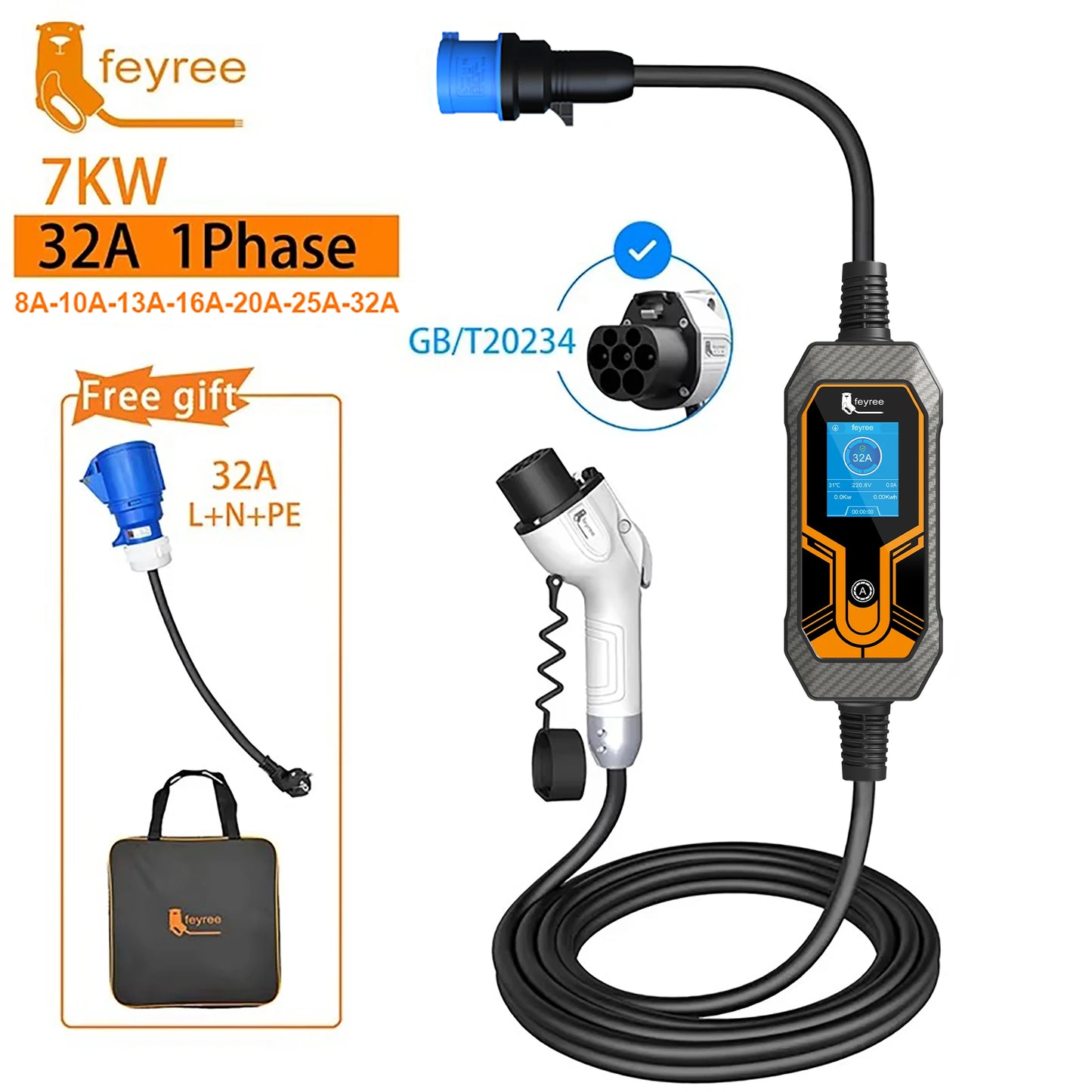 feyree GB/T Cord 7KW 32A 1Phase EV Charger 5m Charging Cable Portable Charging Box Current Adjustable for Electric Vehicle Car