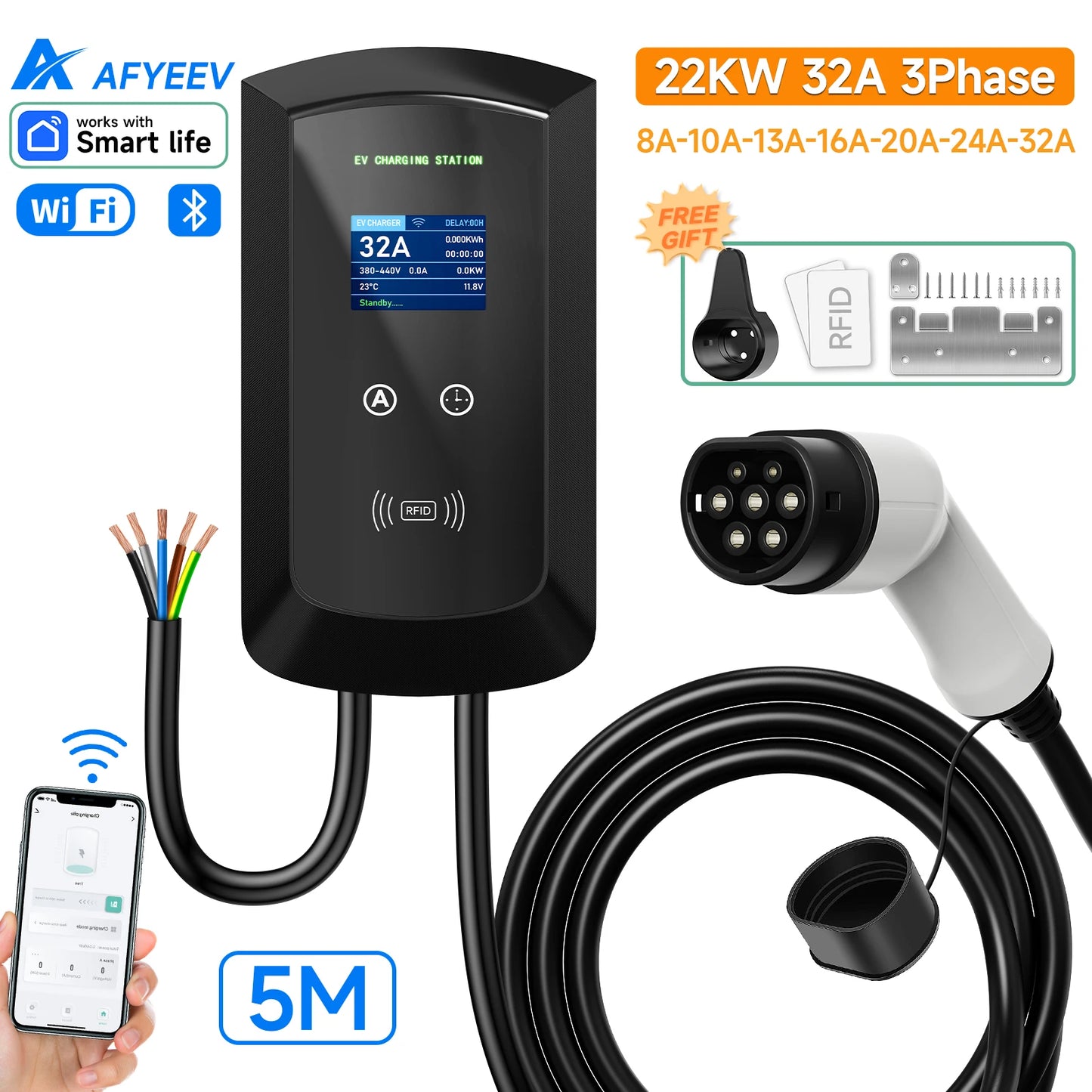 AFYEEV 32A EV Charging Station 22KW 3Phase Electric Vehicle Car Charger 11KW Type2 IEC62196-2 EVSE Wallbox APP Control 5m Cable