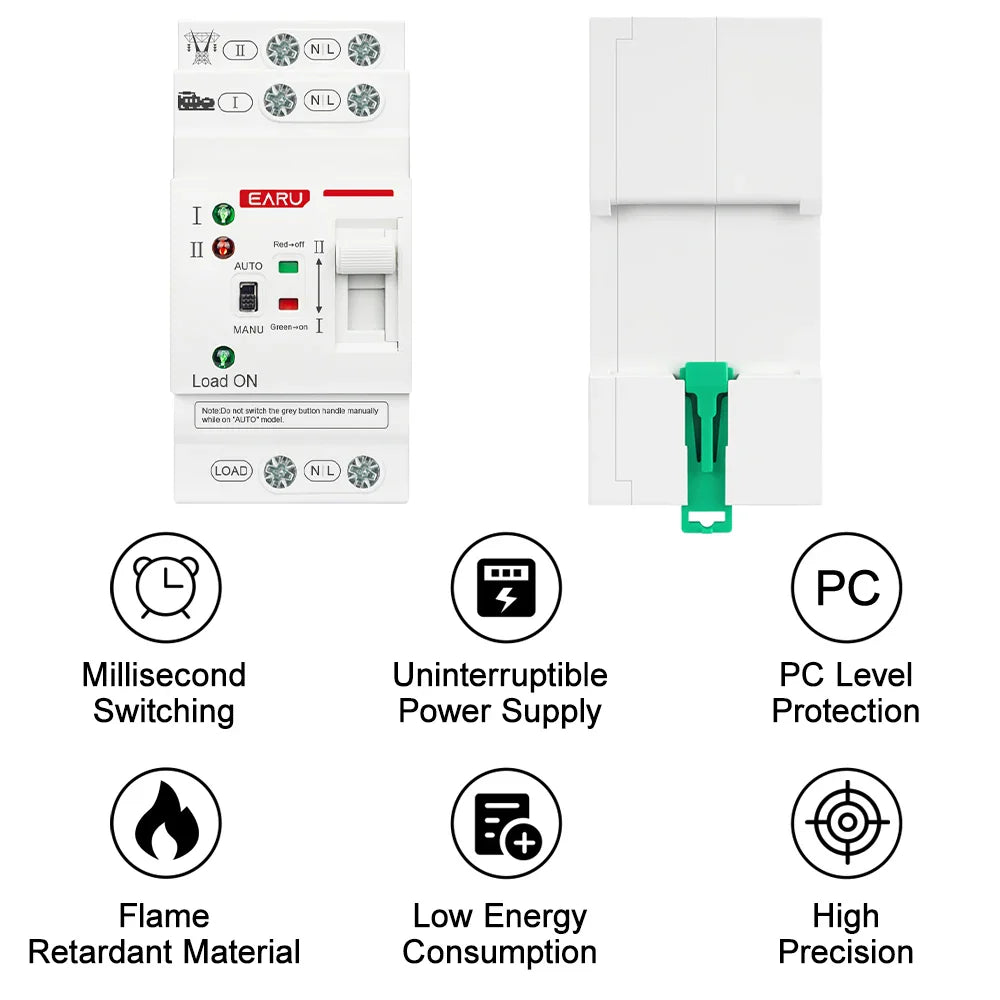 2P 80A AC 230V 50/60Hz ATS Mini Automatic Transfer Switch Dual Power Electrical Selector Switches Uninterrupted Power Din Rail