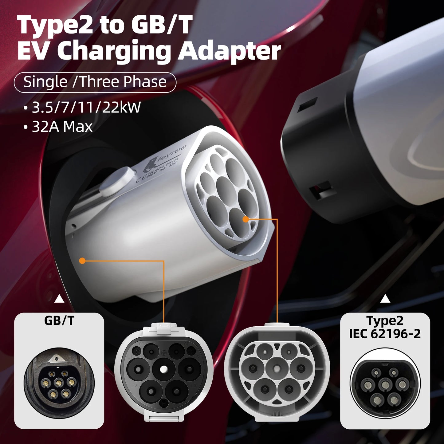 Feyree EV Charger Adapter Type2 to GB/T Converter 32A 22KW 3P for China Standard Electric Vehicle 7KW 32A 1P EV Car Connector