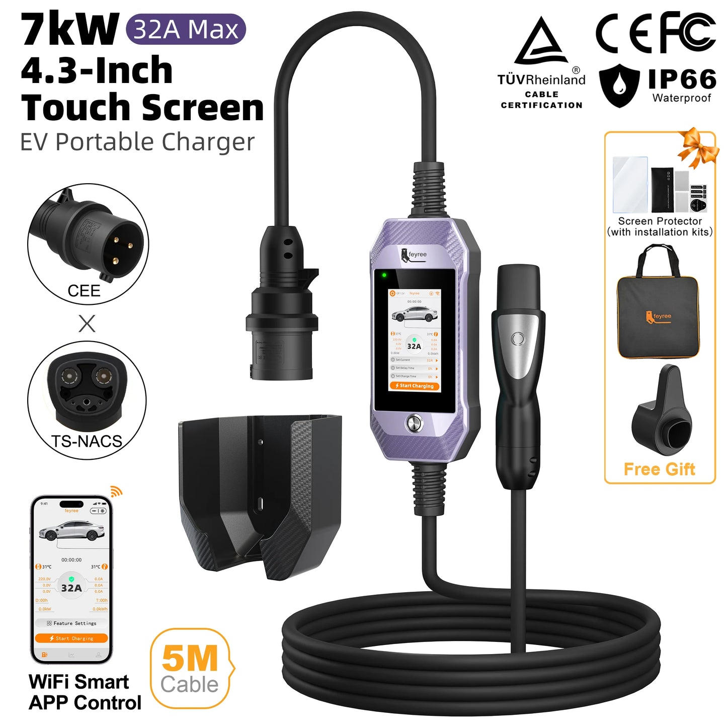 feyree Type2 /Type1 /GBT /TS-NACS 4.3inch Touch Screen EV Charger 32A 7kW 1P Portable Charger Smart APP WiFi Control for EV Cars