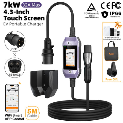 feyree Type2 /Type1 /GBT /TS-NACS 4.3inch Touch Screen EV Charger 32A 7kW 1P Portable Charger Smart APP WiFi Control for EV Cars