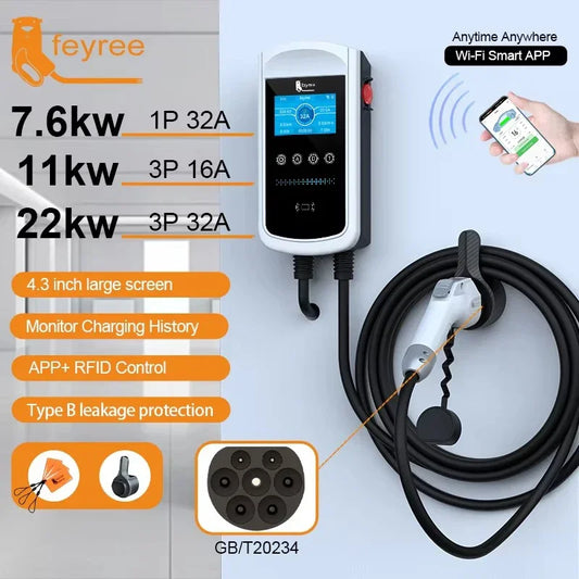 feyree EV Charger GB/T Socket 7.6kw 32A Wallbox 4.3 inch Big Screen APP Charge History Record 11kw 22kw 3 Phase Charging Station
