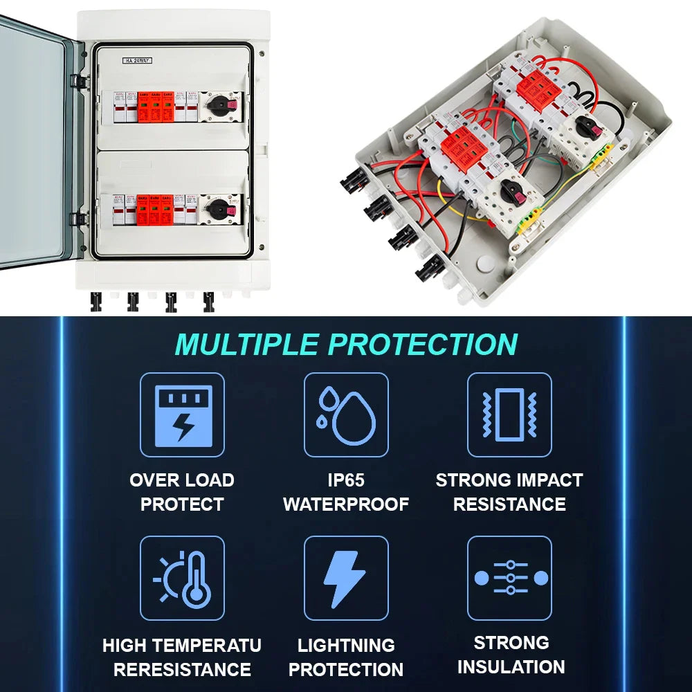 DC 1000V 4 Input 2 Output Solar Photovoltaic PV Combiner Box With Surge Lightning Protection DC Fuse MCB SPD Waterproof Box IP65
