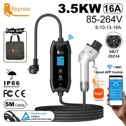 feyree Type2 EV Charger WIFI APP Control 16A 3.5KW GBT 5M Cable Type1 Portable Charging Box Set Charging&DelayTime for EV Cars