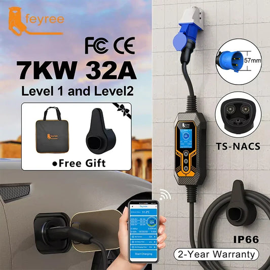 feyree EV Charger TS-NACS Socket 32A 7KW 1Phase APP Control EVSE Wallbox Portable Charging Box for Tesla Car Models 3/Y/S/X by 54Grid - Renewable Energy Store