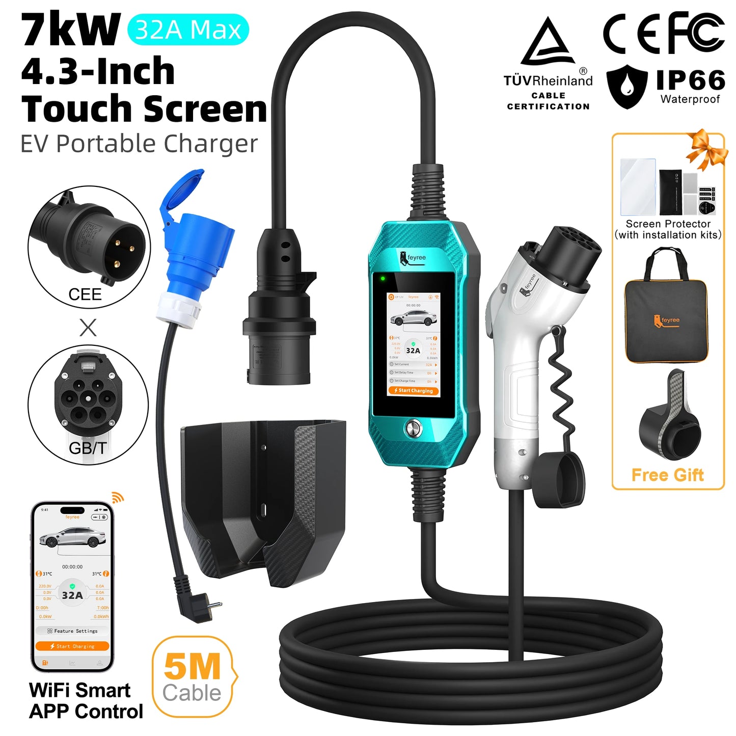feyree EV Charger 4.3inch Touch Screen Type2 /Type1 /GBT /TS-NACS 32A 7kW 1P Portable Charger Smart APP WiFi Control for EV Cars