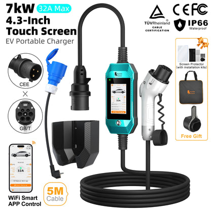feyree EV Charger 4.3inch Touch Screen Type2 /Type1 /GBT /TS-NACS 32A 7kW 1P Portable Charger Smart APP WiFi Control for EV Cars
