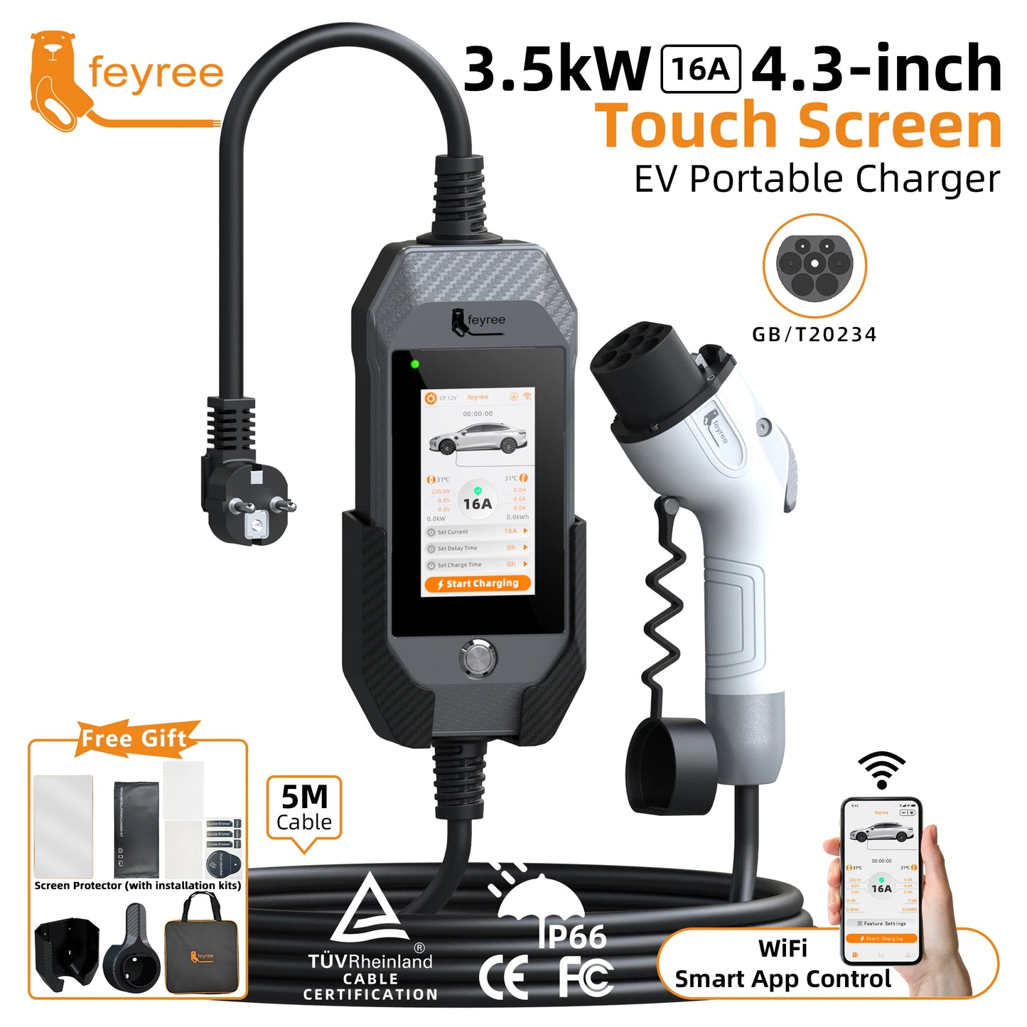 feyree GB/T EV charger 16A 3.5kW 1Phase 4.3'' Touchscreen & Smart APP OTA Version Current Adjustable for Electric Car Charger