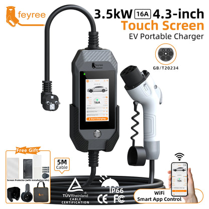 feyree GB/T EV charger 16A 3.5kW 1Phase 4.3'' Touchscreen & Smart APP OTA Version Current Adjustable for Electric Car Charger