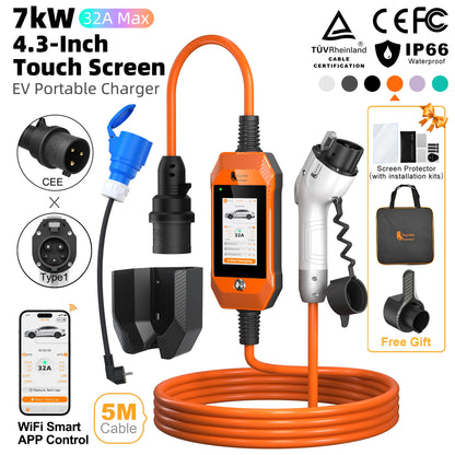 feyree 4.3'' TouchScreen Type1 Charging Plug Portable 7kW EV Charger Dual Temp Portection with Smart APP OTA Upgrade AC Charger