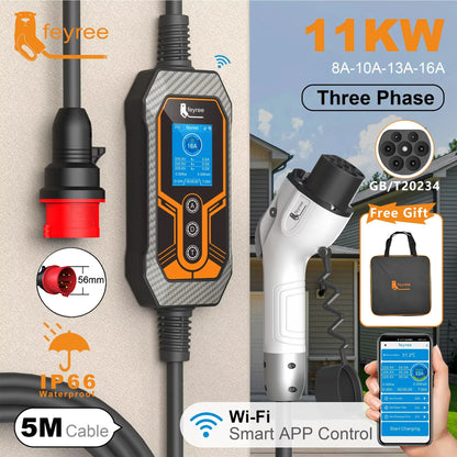 feyree GB/T 11KW 16A 3Phase Portable EV Charger Smart APP WIFI Version 5m Cable Gift Bag for Electric Vehicle Charging Station by 54Grid - Renewable Energy Store