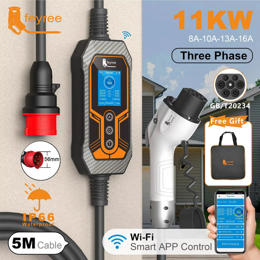 feyree GB/T 11KW 16A 3Phase Portable EV Charger Smart APP WIFI Version 5m Cable Gift Bag for Electric Vehicle Charging Station by 54Grid - Renewable Energy Store