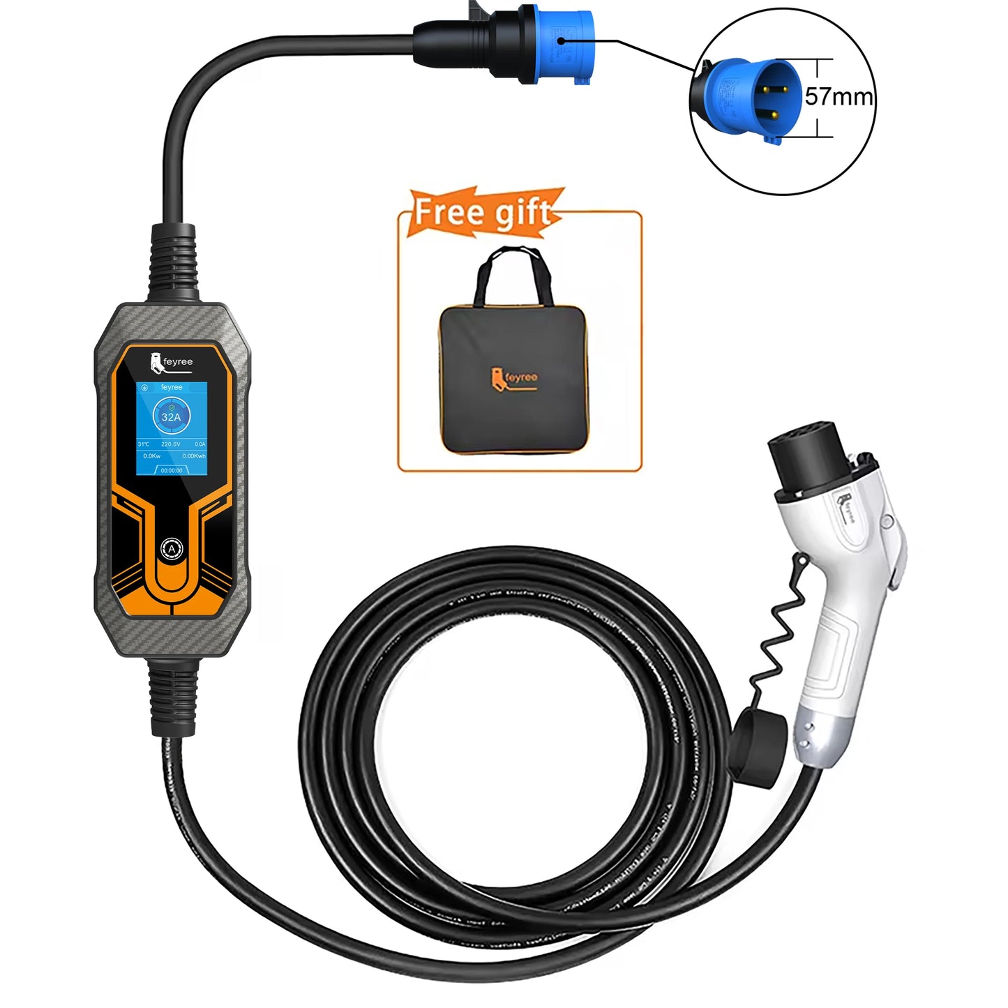 feyree GB/T Cord 7KW 32A 1Phase EV Charger 5m Charging Cable Portable Charging Box Current Adjustable for Electric Vehicle Car