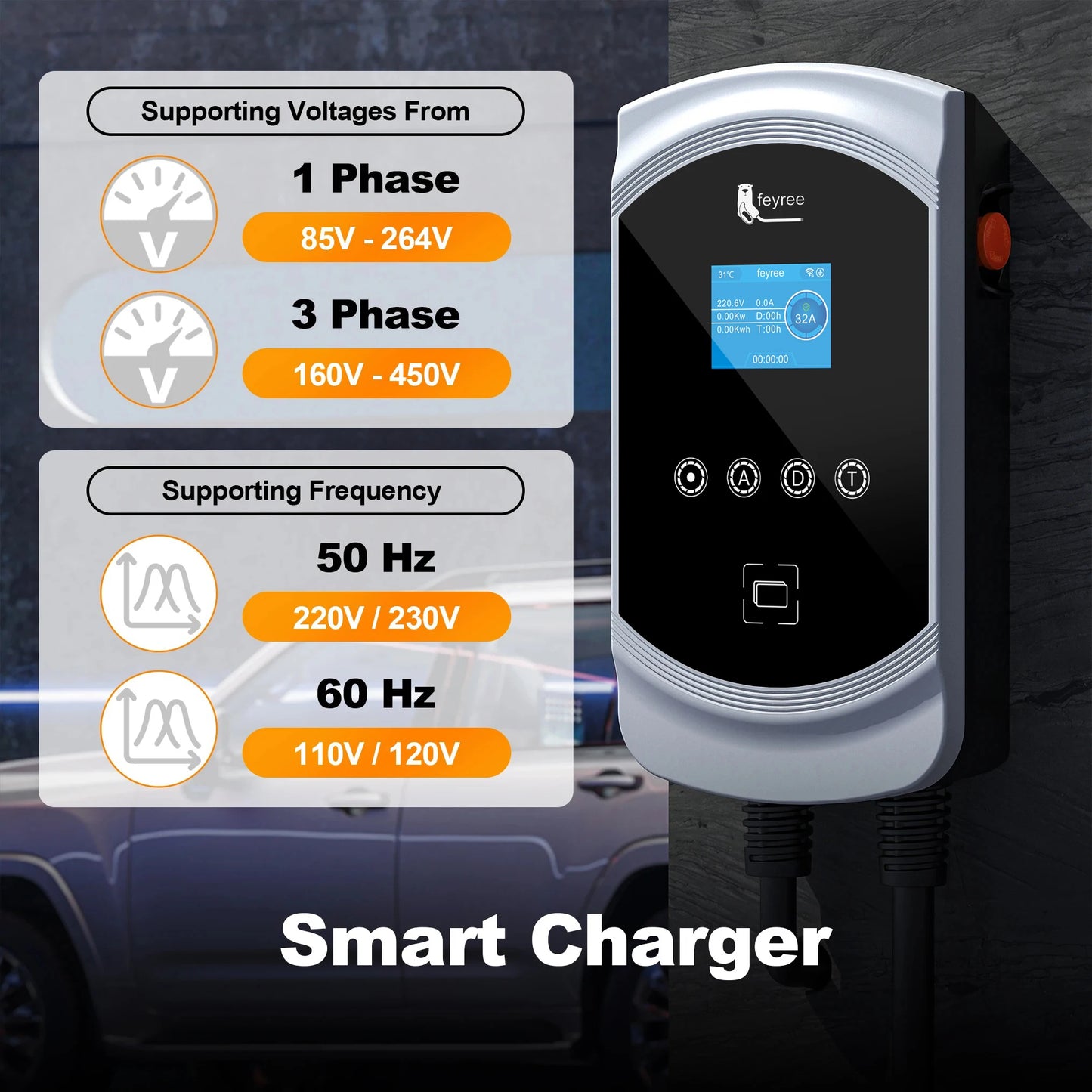 feyree EV Charger 32A 22KW 3Phase 11KW 16A Electric Car Charger EVSE Wallbox 7.6KW 32A Type2 Cable IEC62196-2 Socket APP Control