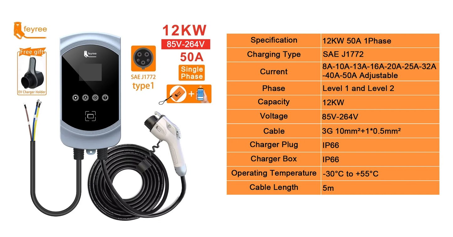 feyree EV Charger Type1 Cable j1772 Socket 32A 40A 50A Single Phase EVSE Wallbox Charging Station APP Control for Electric Car