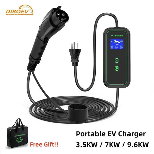 Type1 EV Portable Charger with LCD 3.5KW / 7KW / 9.6KW 16A / 32A / 40A for Electric Car EVSE Charging Cable 5M NEMA Plug - 54Grid - Renewable Energy Store