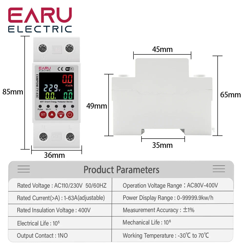 63A AC 230V Tuya WiFi Smart Energy Meter Power kWh Meter Earth Leakage Over Under Voltage Protector Relay Device Switch Breaker by 54Grid - Renewable Energy Store