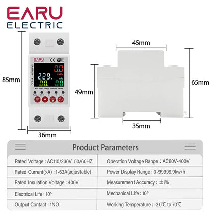 63A AC 230V Tuya WiFi Smart Energy Meter Power kWh Meter Earth Leakage Over Under Voltage Protector Relay Device Switch Breaker by 54Grid - Renewable Energy Store
