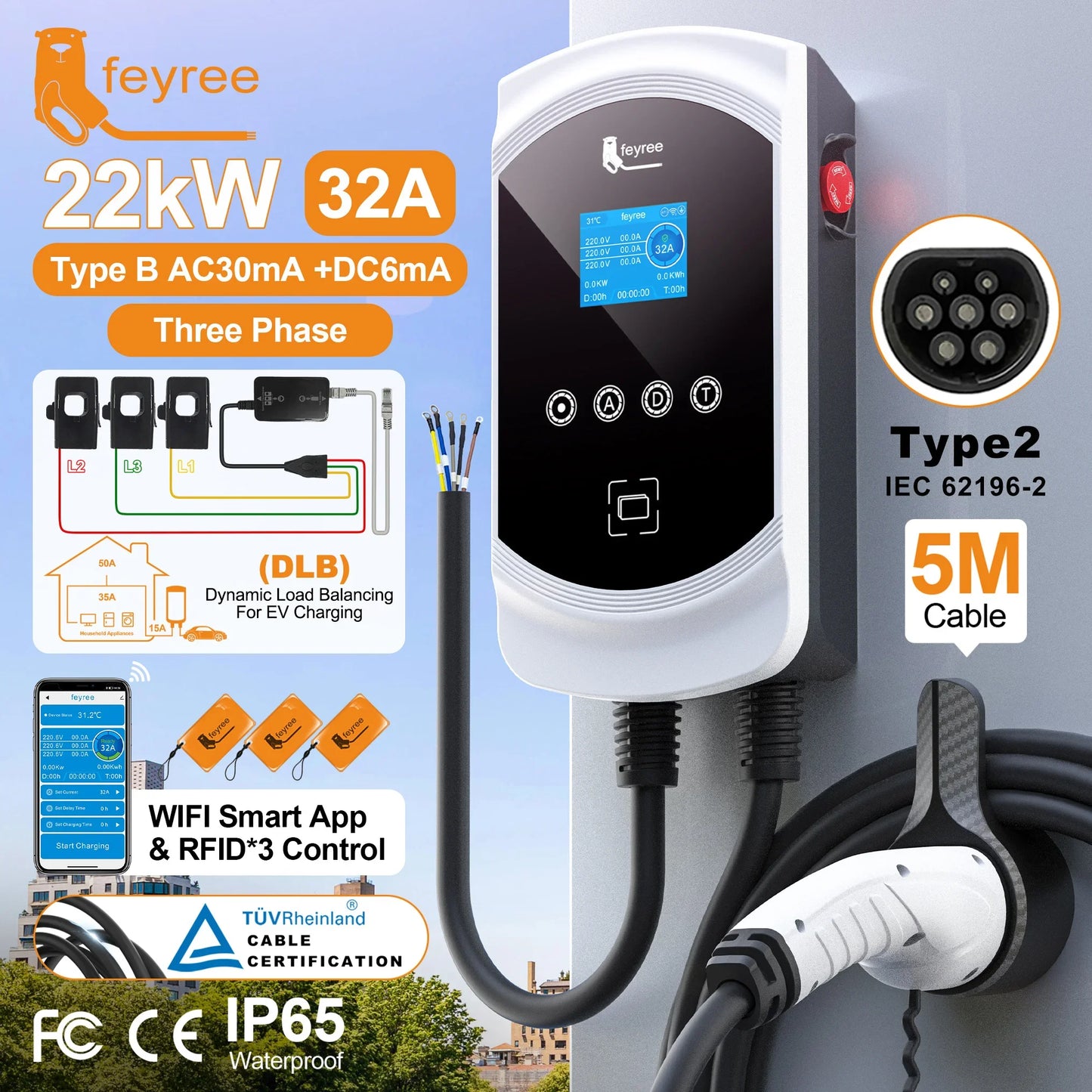 feyree EV Charger Type2 Cable 32A 7.6kW Dynamic Load Balancing EVSE Wallbox APP Function 11kW 22kW Charging Station Electric Car