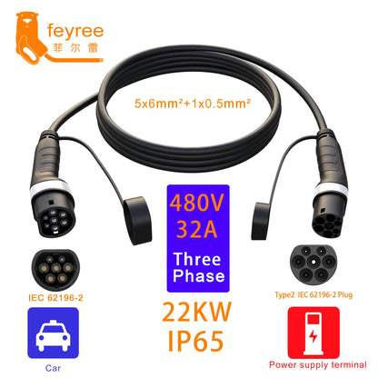 feyree EV Charger Type2 to Type2 Charging Cable 32A 7KW 1Phase 16A 3.5KW 11KW 22KW 3Phase Charger Station for Electric Vehicle