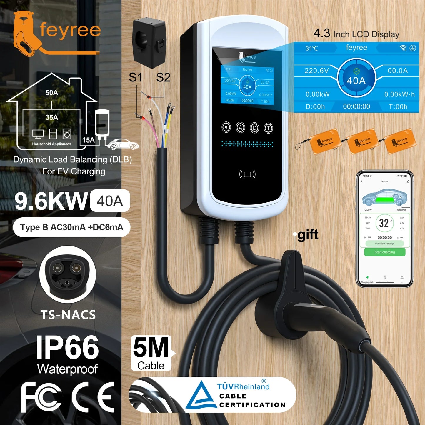 feyree Dynamic Load Blancing EV Charging Station 32A 7KW TS-NACS Charger Plug Car Charger EVSE Wallbox 9.6KW 12KW APP Control by 54Grid - Renewable Energy Store