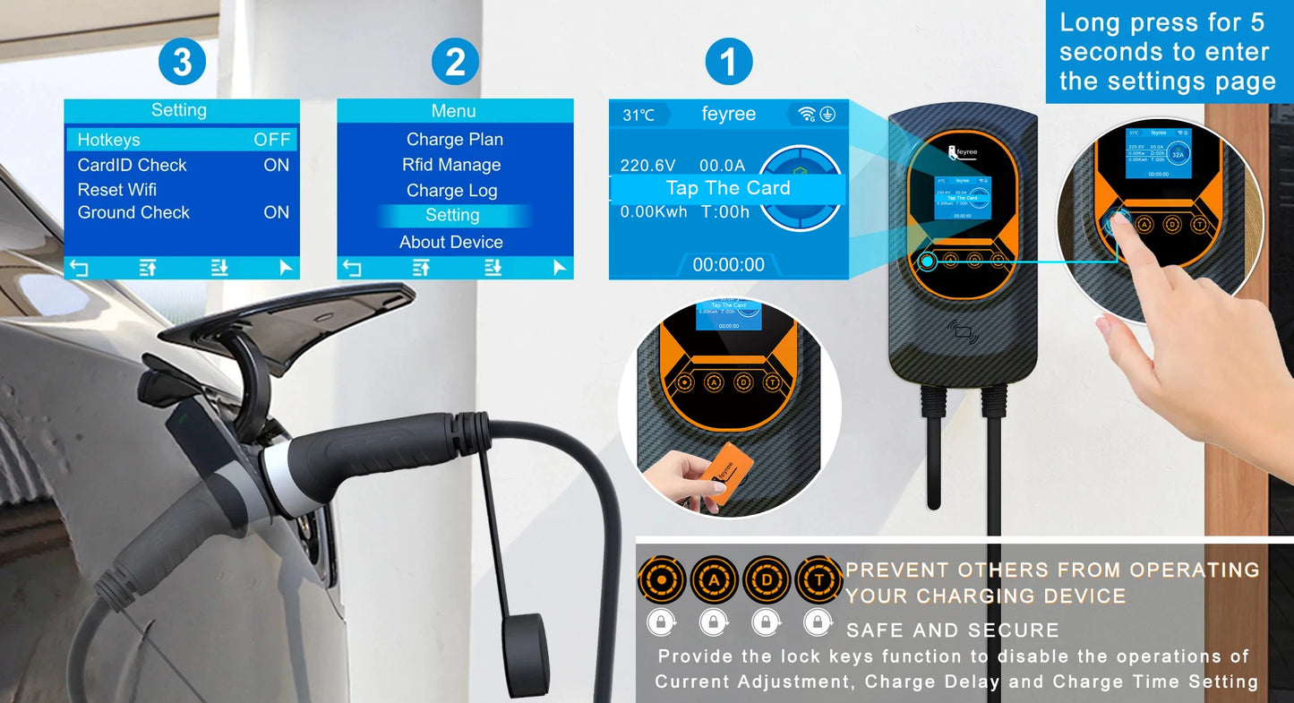 feyree EV Charger GB/T Socket EVSE Wallbox 32A 22KW 3Phase 16A 11KW Electric Vehicle APP Control Charging Station 7.6KW 5m Cable