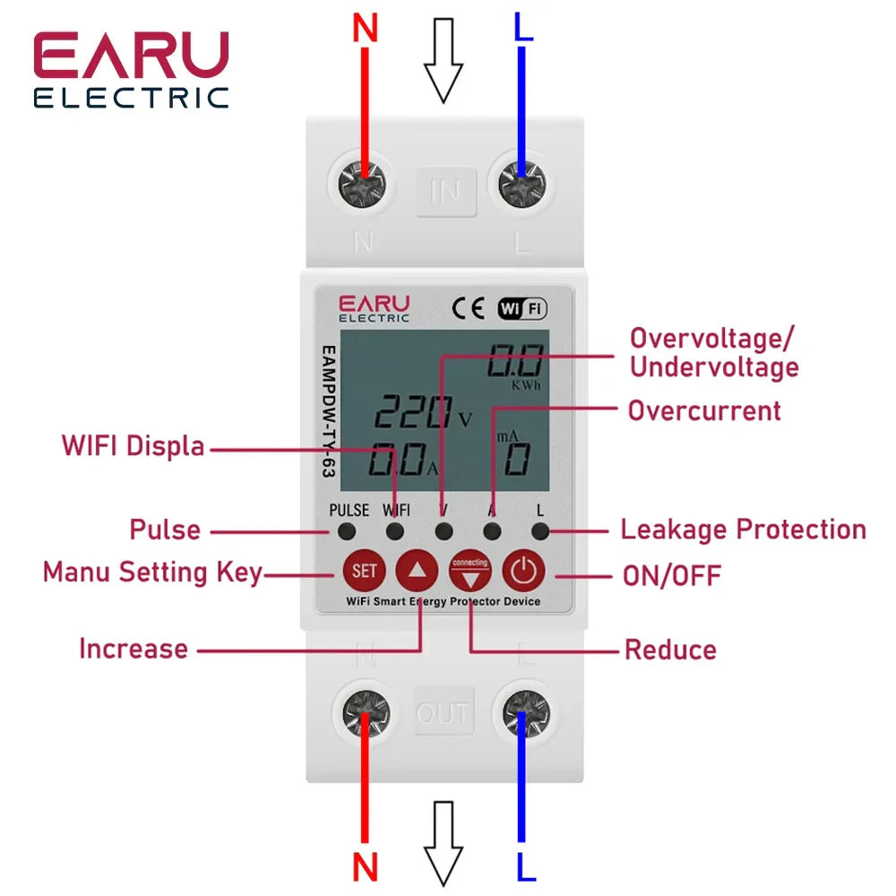 2P 63A TUYA APP WiFi Smart Circuit Earth Leakage Over Under Voltage Protector Relay Device Switch Breaker Energy Power kWh Meter by 54Grid - Renewable Energy Store