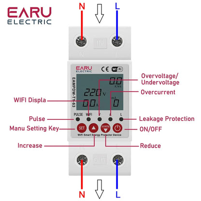 2P 63A TUYA APP WiFi Smart Circuit Earth Leakage Over Under Voltage Protector Relay Device Switch Breaker Energy Power kWh Meter by 54Grid - Renewable Energy Store