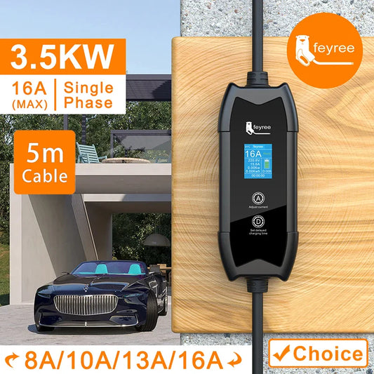 feyree Portable EV Charger Type2 16A 3.5kW GBT 5M Cable Type1 Charging Box with Setting Delay Time for Electric Vehicle Car by 54Grid - Renewable Energy Store