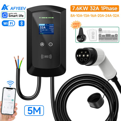 AFYEEV 32A EV Charging Station 22KW 3Phase Electric Vehicle Car Charger 11KW Type2 IEC62196-2 EVSE Wallbox APP Control 5m Cable