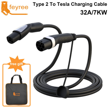 feyree 32A 7KW 1Phase Type2 to TS-NACS Socket 16A 3.5KW EV Charger Cable 5m for Tesla Model 3 Y X S for Public Charging Station