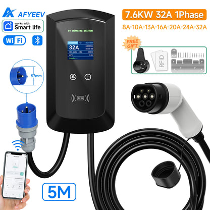 AFYEEV 32A EV Charging Station 22KW 3Phase Electric Vehicle Car Charger 11KW Type2 IEC62196-2 EVSE Wallbox APP Control 5m Cable