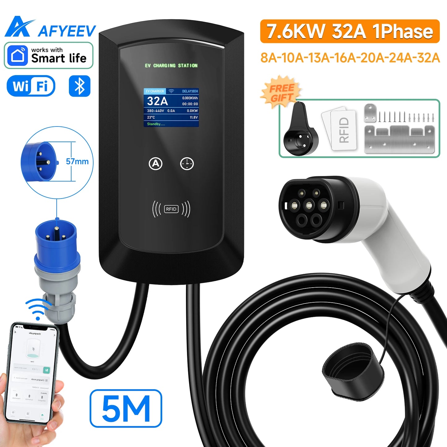 AFYEEV 32A EV Charging Station 22KW 3Phase Electric Vehicle Car Charger 11KW Type2 IEC62196-2 EVSE Wallbox APP Control 5m Cable